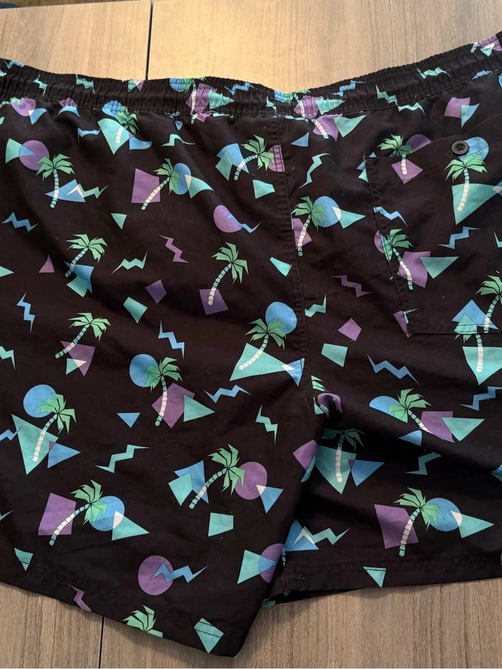 No Boundaries Black Swim Trunks with Teal, Purple & Pink Retro Print